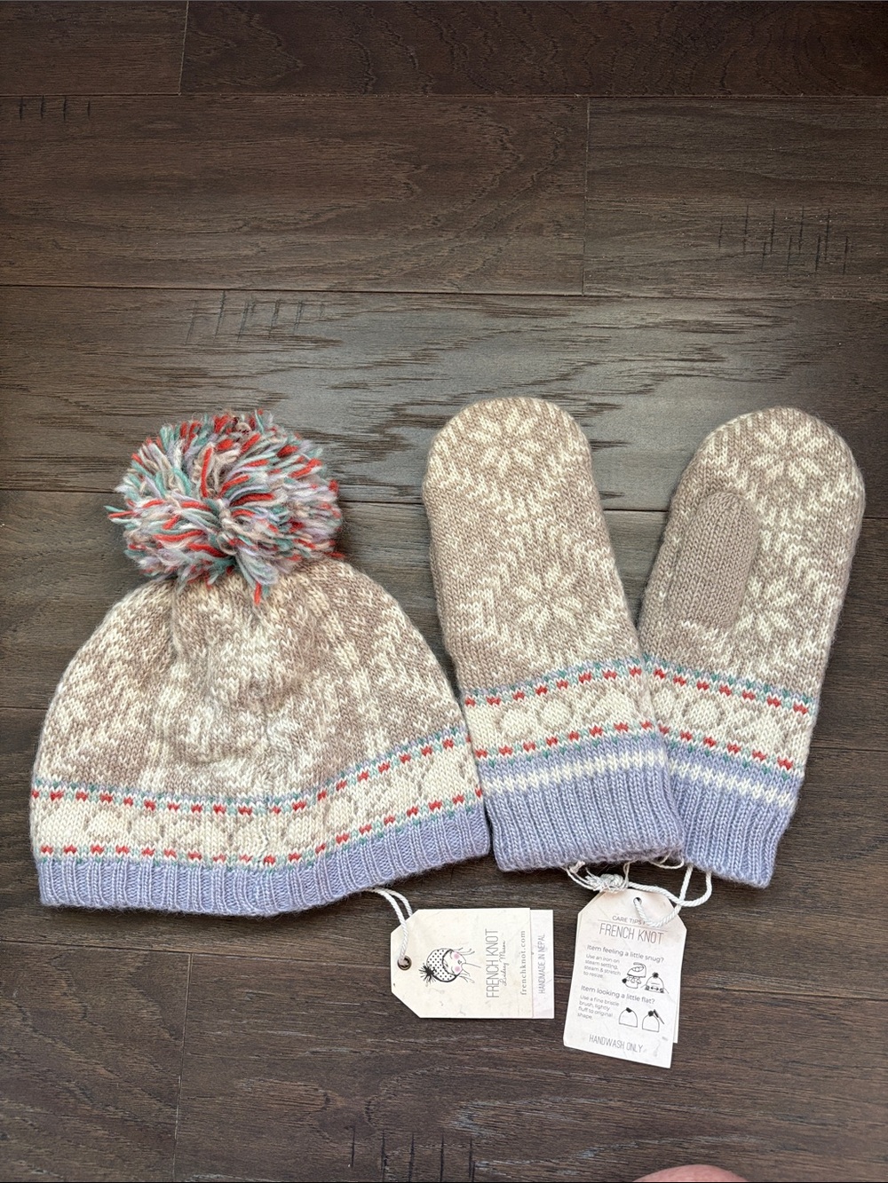 French Knot Handcrafted Wool Pom Pom Beanie & mittens set,Cozy,snowflake,Nordic